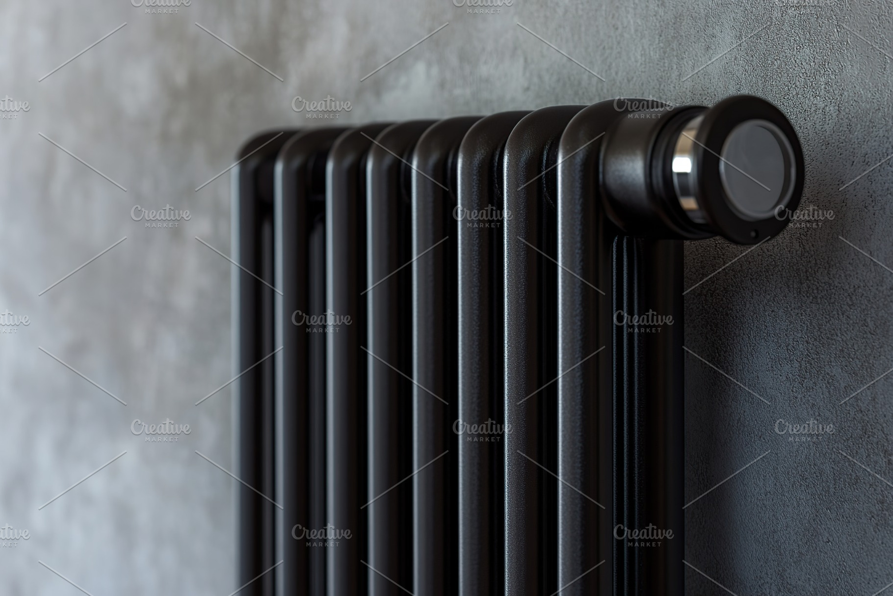 Black vertical heater radiator on grey wall background, an Industrial Photo by AlyaAnd