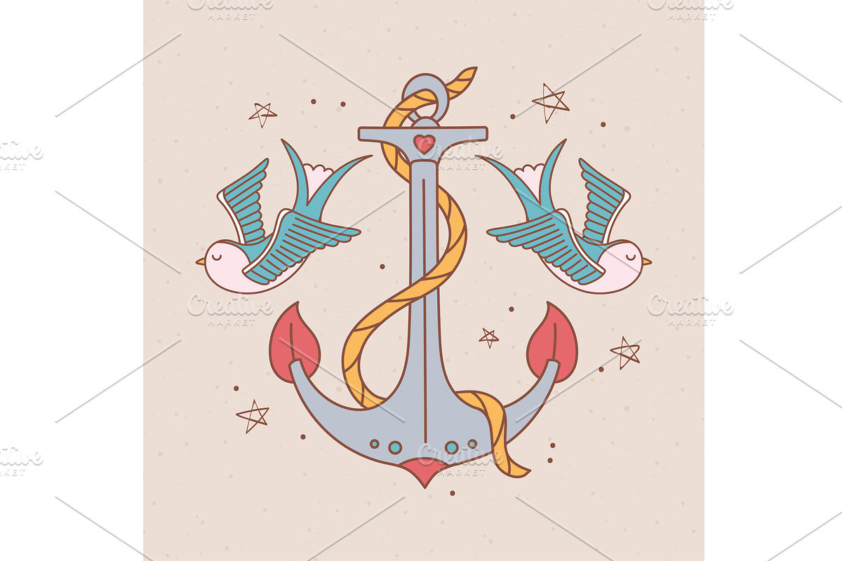 anchor birds tattoo, an Illustration by studiogstock