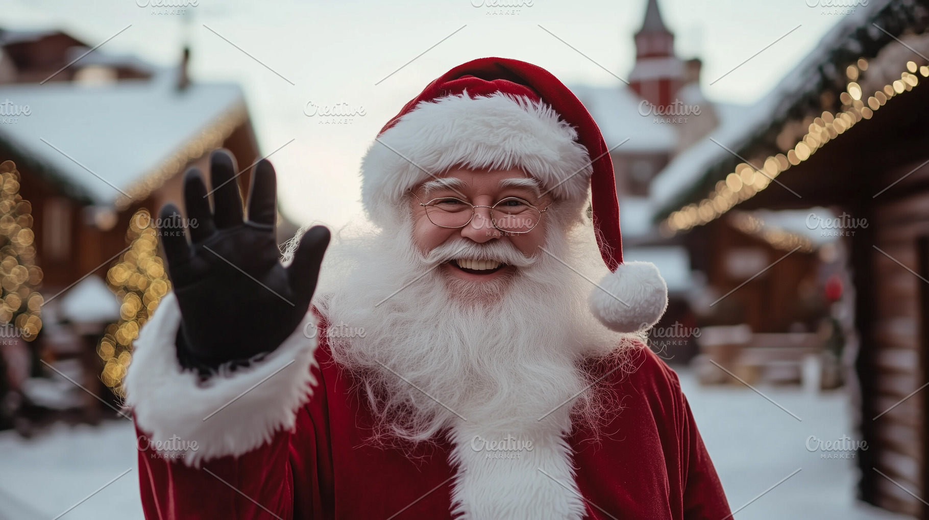 Waving Santa Claus in winter village, a Holiday Photo by MistyDay