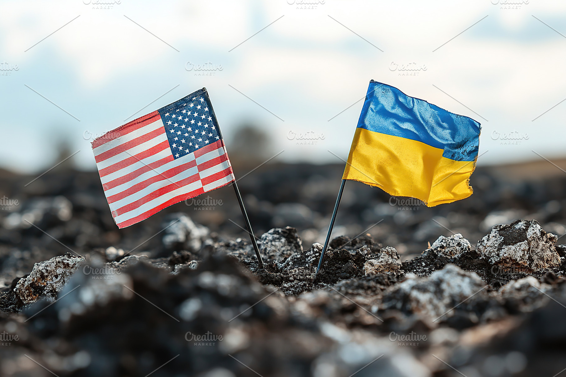Flags of the United States and Ukraine stand together on rocky terrain in solid, an Abstract Photo by AlyaAnd