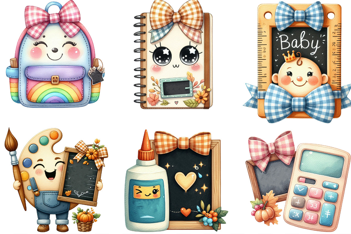 Watercolor Kawaii School Clipart, an Illustration by Designking (Photo 2 of 4)