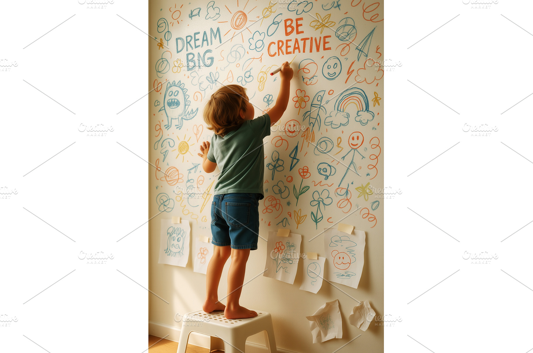 A young boy stands on a stool, a School & Education Photo by Sergey Kotenev