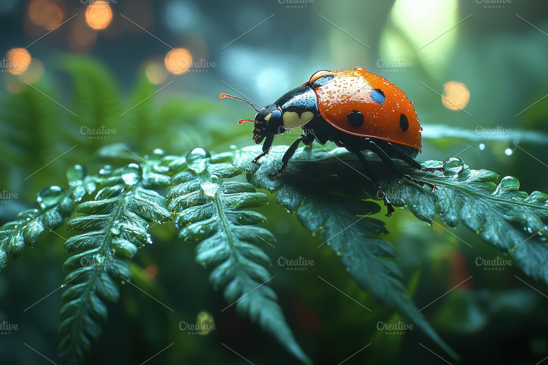 Bright ladybug perched on a green fe, a Photo by Tanuart