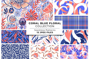 Coral Blue Floral Seamless Patterns