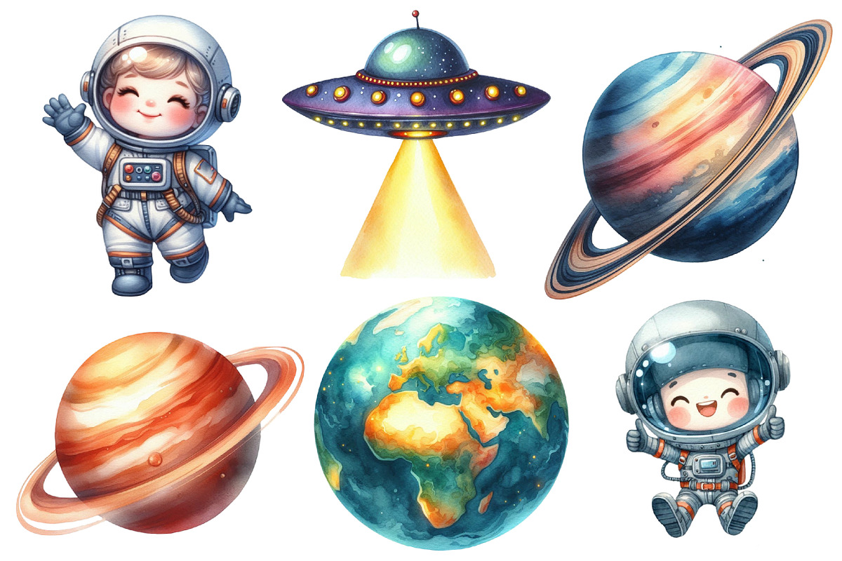 Astronaut and Space Watercolor Clipa, an Illustration by Designworld (Photo 2 of 7)