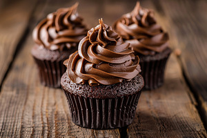 Chocolate cupcakes with whipped cream on wooden table, a Food & Drink Photo by AlyaAnd