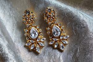 A pair of earrings rests on a fabric, a Photo by Pavel_design