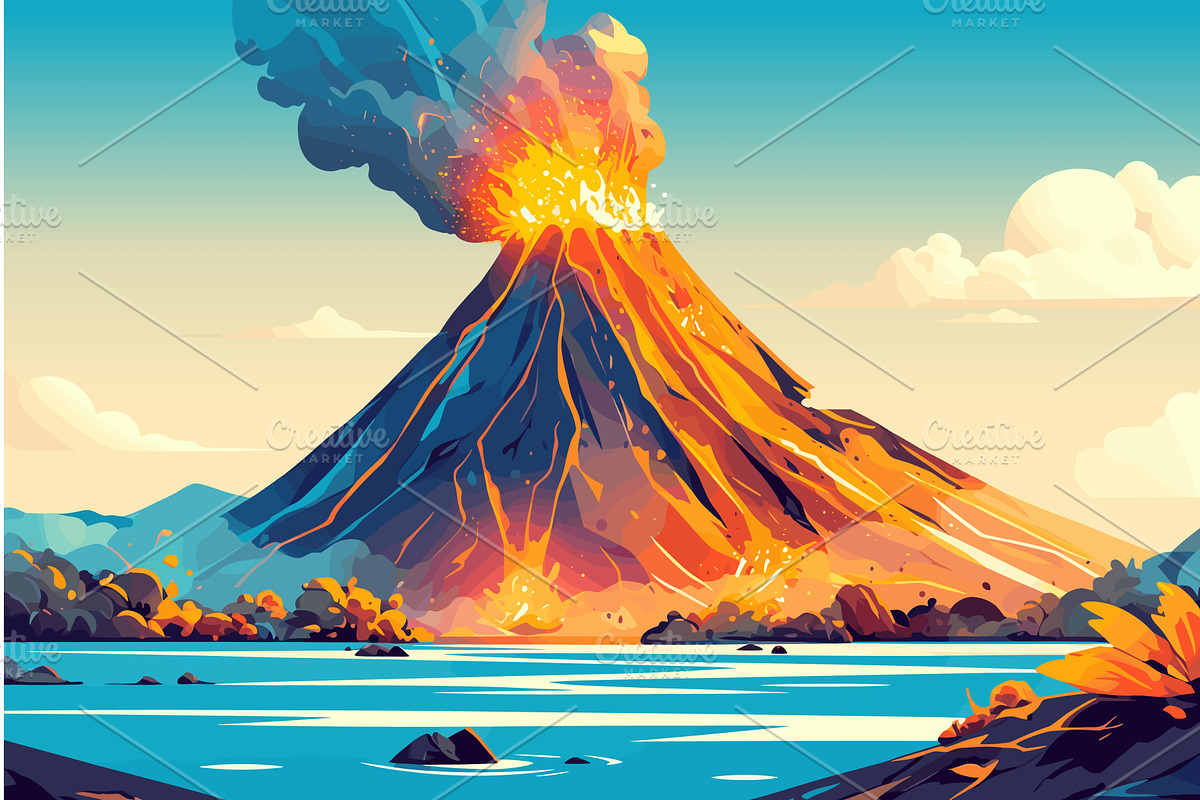 Cartoon volcanic eruption on an, an Illustration by LadadikArt