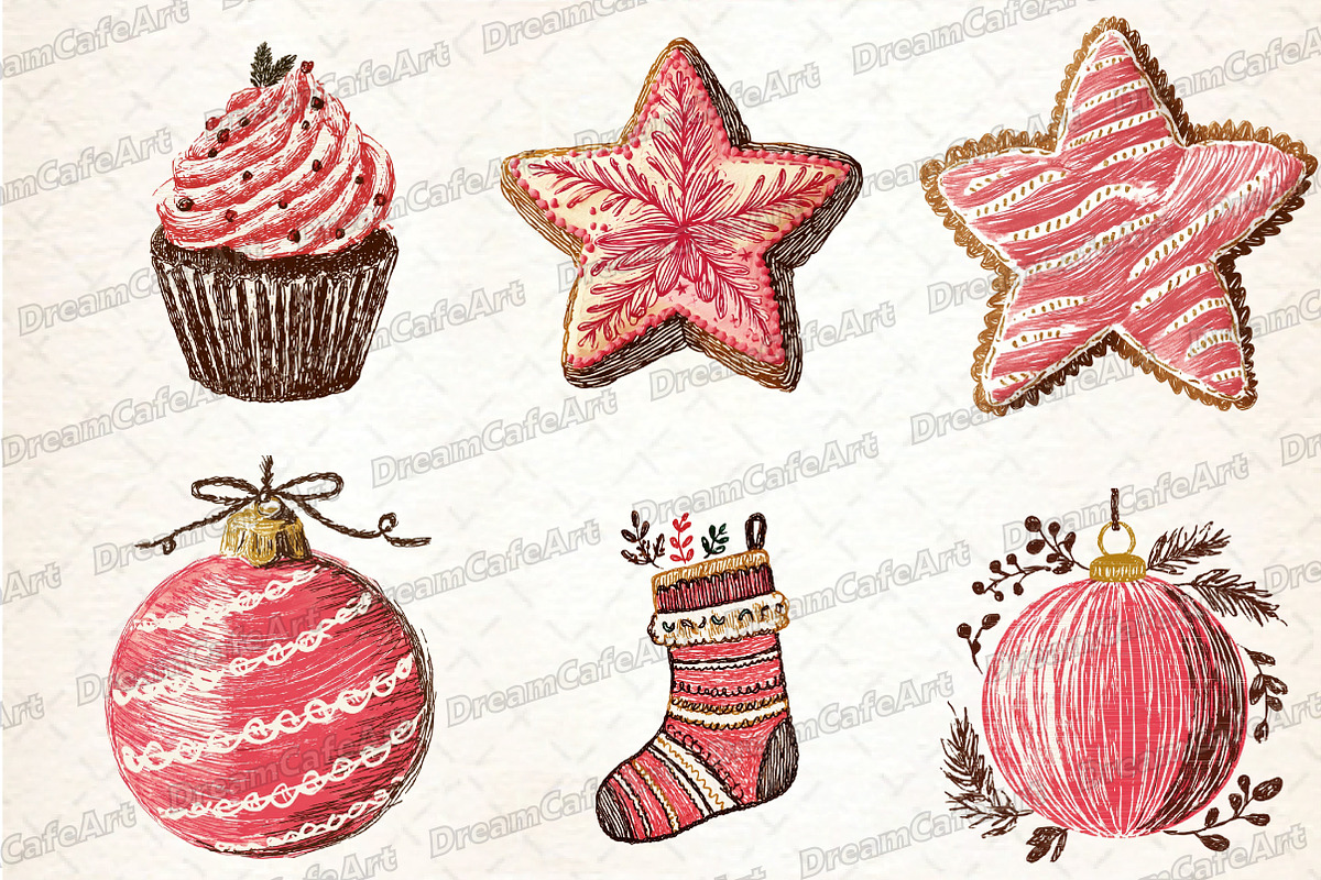 Cute Christmas Doodles Watercolor, an Illustration by DreamCafeArt (Photo 4 of 7)