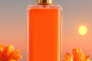 Luxury orange perfume bottle with flowers on warm sunset backgro, a Food & Drink Photo by José Manuel Gelpi