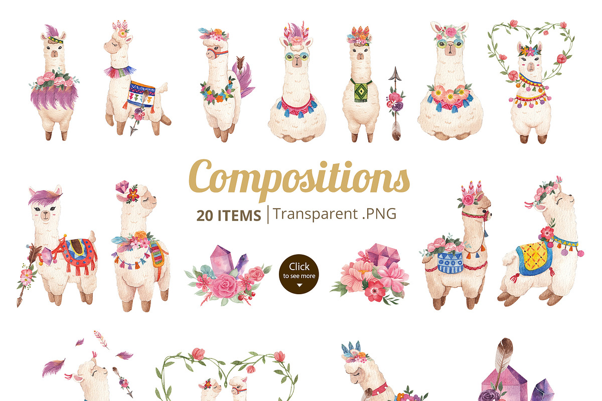 Cute Alpaca watercolor, an Animal Illustration by CreativeValuation (Photo 3 of 17)
