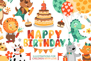 Happy Birthday. Kids illustrations.