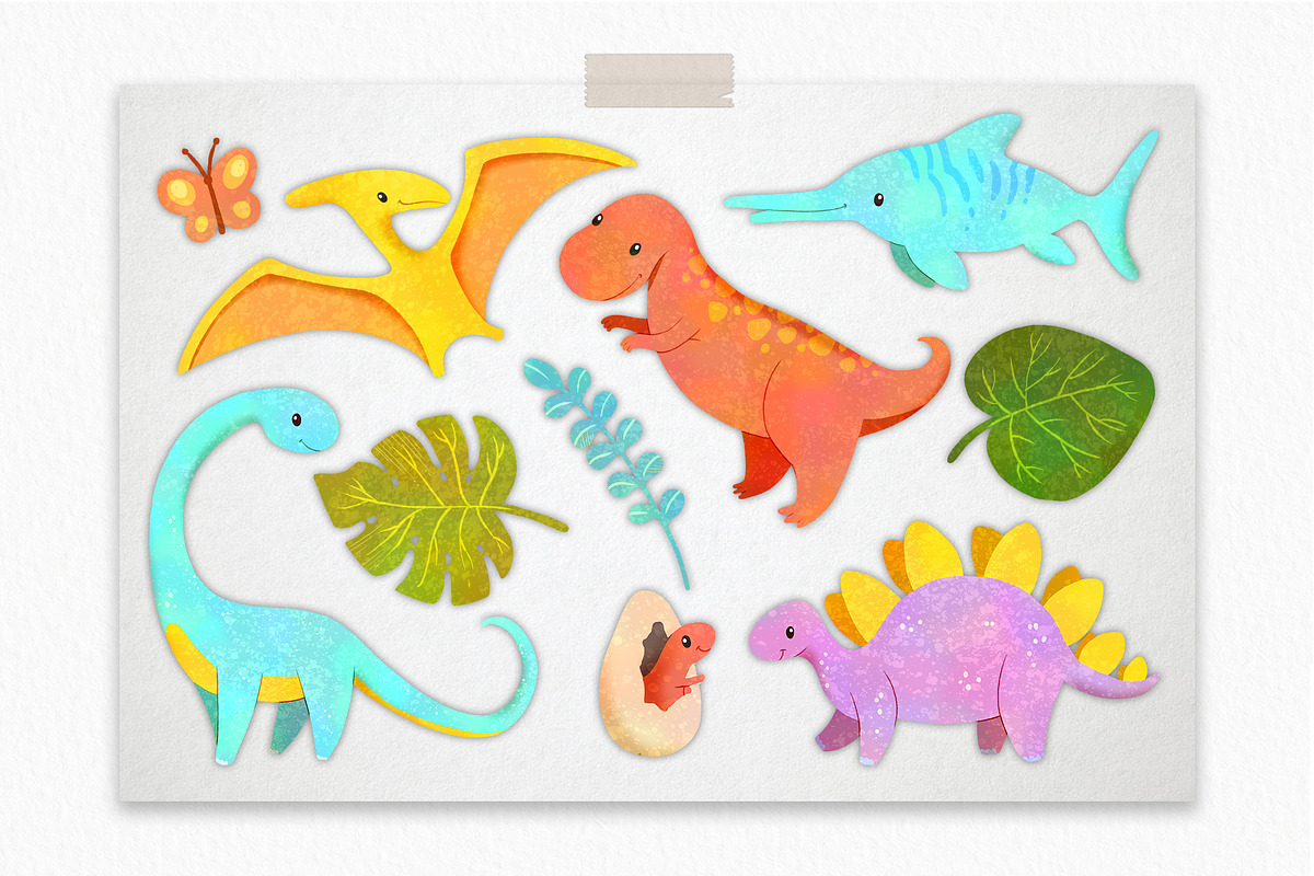 Cute and bright Dinosaurs Clipart, an Animal Illustration by LukaJreym (Photo 3 of 11)