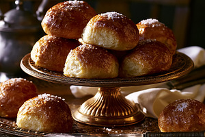 Stack of homemade sweet bread rolls, golden brown and topped with sea salt, dis, a Photo by Studio ANNA