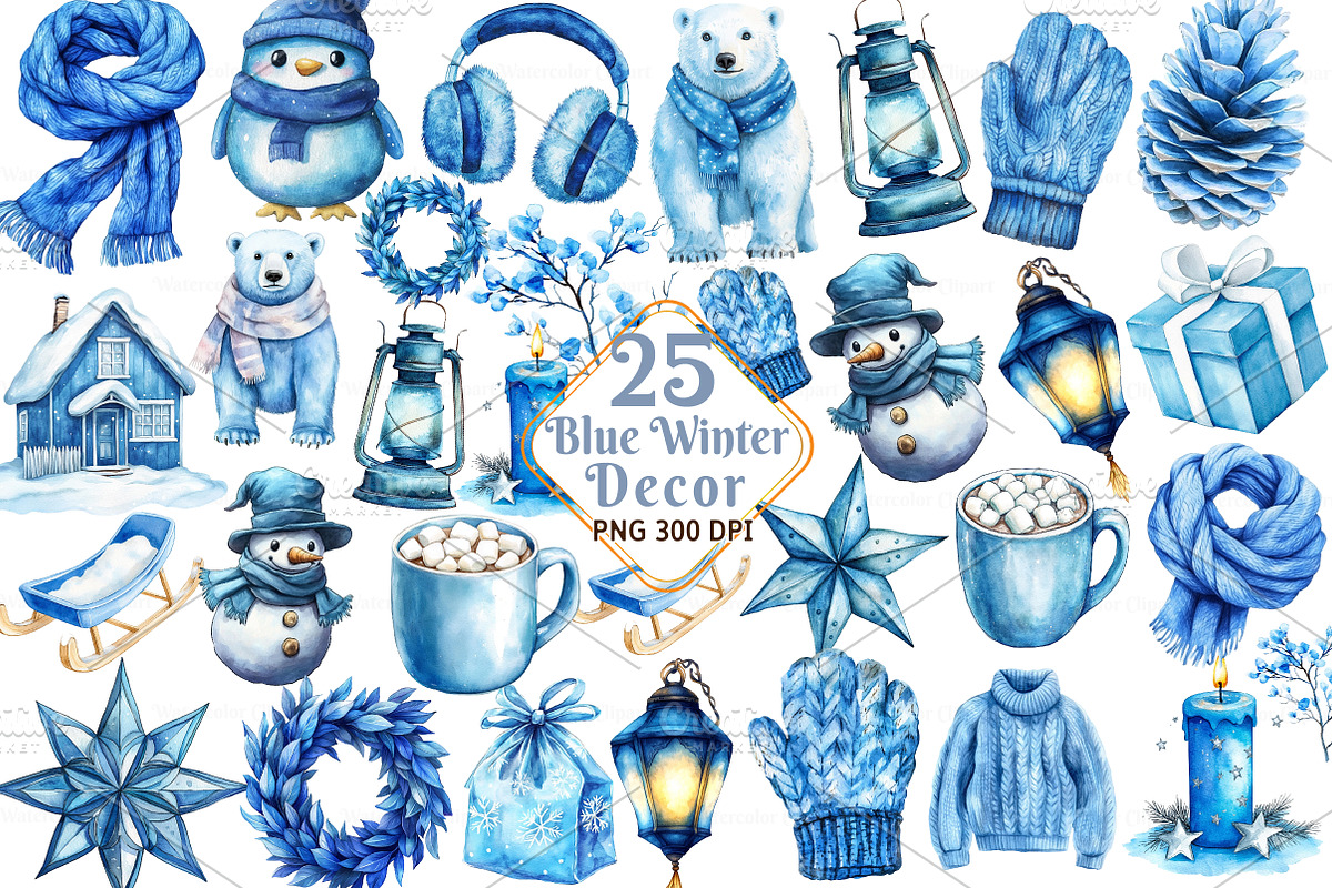 Watercolor Blue Winter Decor Clipart, an Illustration by Watercolor design (Photo 1 of 4)