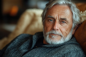Older man with gray beard relaxing o, a Photo by Tanuart