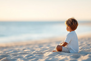 Little boy sitting on sandy beach, a Person Photo by MistyDay