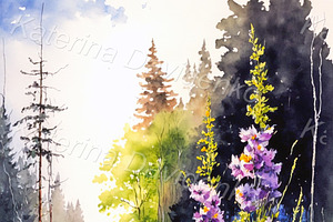 Summer Landscape Watercolor Painting