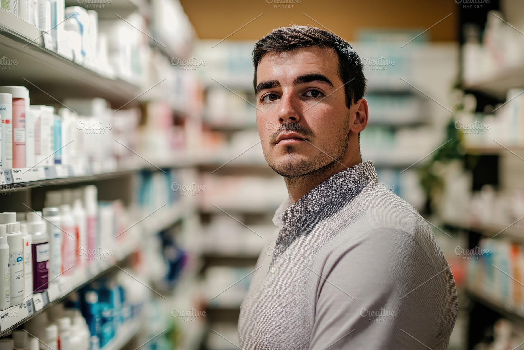 Man standing among pharmacy product, a Photo by Iftikhar Alam