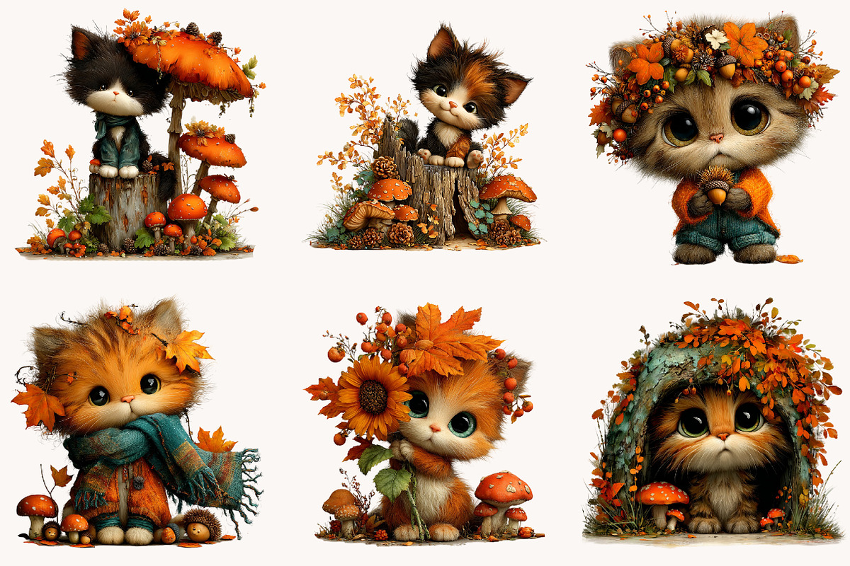 Whimsical Autumn Fall Cat Clipart, a Seasonal Illustration by Designworld (Photo 5 of 8)