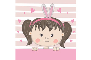 Cute Cartoon Girl With Rabbit Ears.