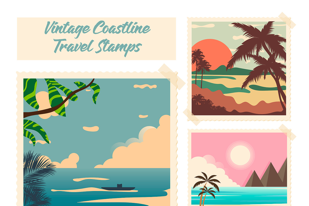 Vintage Coastline Travel Stamps, a Seasonal Illustration by JYa_Design (Photo 1 of 4)