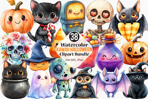 Watercolor Kawaii Halloween Clipart, an Illustration by Canvas Craft