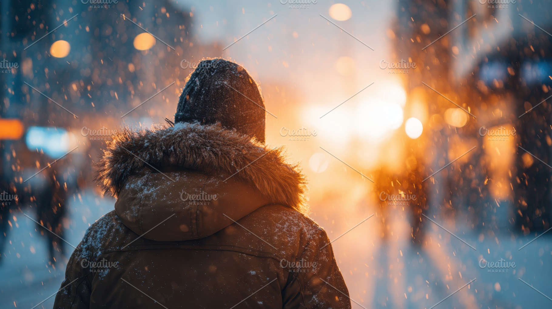 Person in winter coat during snowy sunset, a Person Photo by AlyaAnd