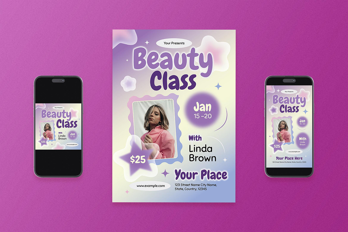 Purple Y2K Beauty Class Flyer Set, a Flyer Template by Aiyari Graphic (Photo 1 of 3)