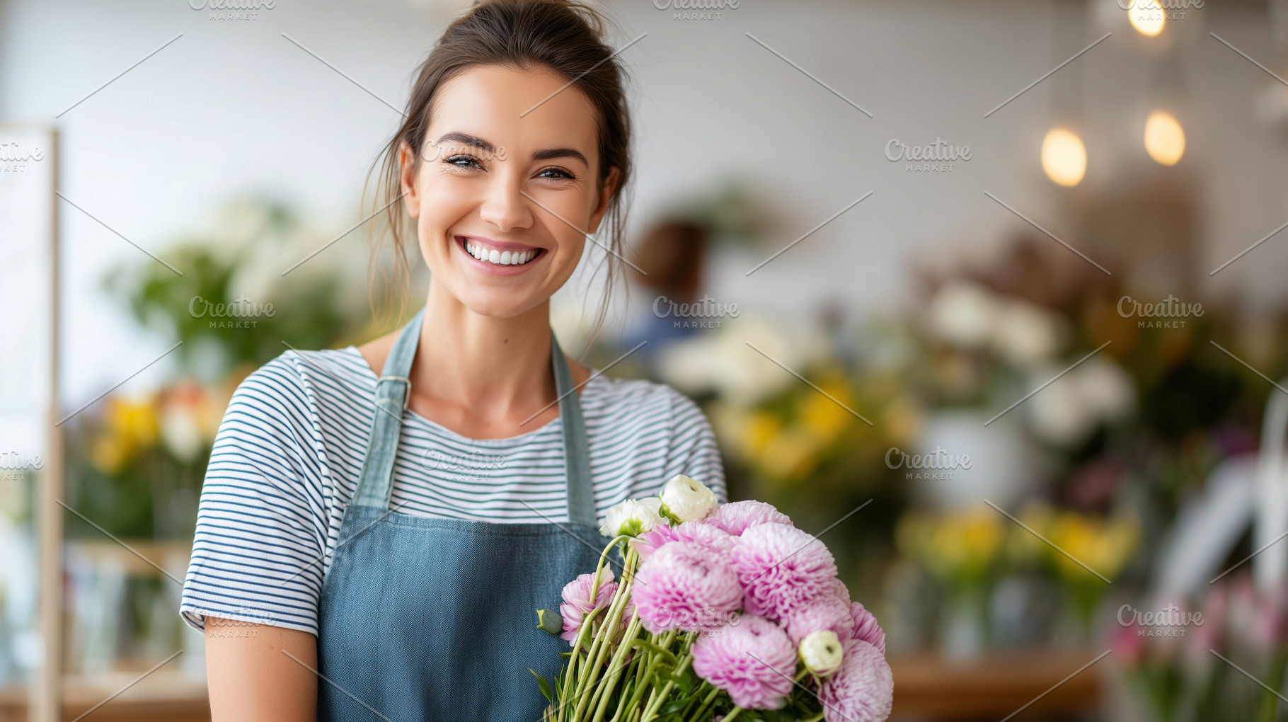 Smiling florist in apron holding, a Person Photo by MistyDay
