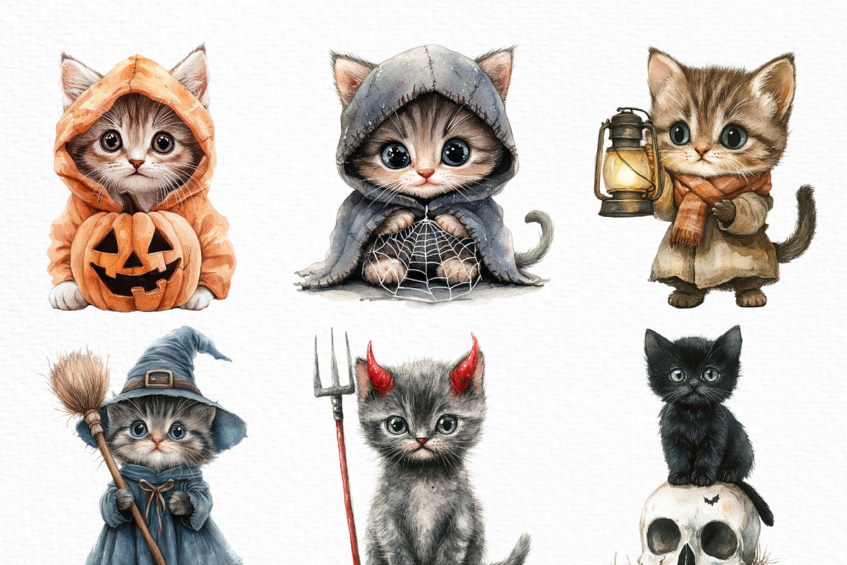 Watercolor Halloween Kitten Clipart, an Illustration by Craft Nest (Photo 4 of 6)