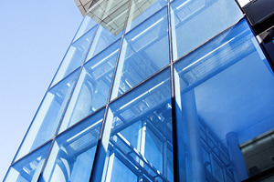 Blue glass wall of modern office bui stock photo containing contemporary and