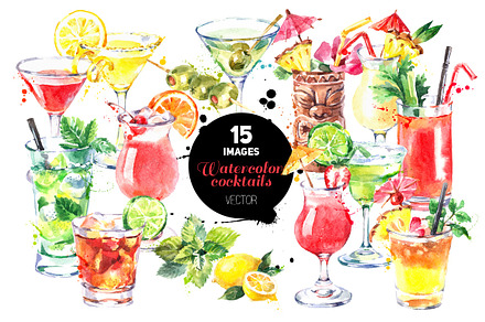 Cocktails Watercolor Vector Set