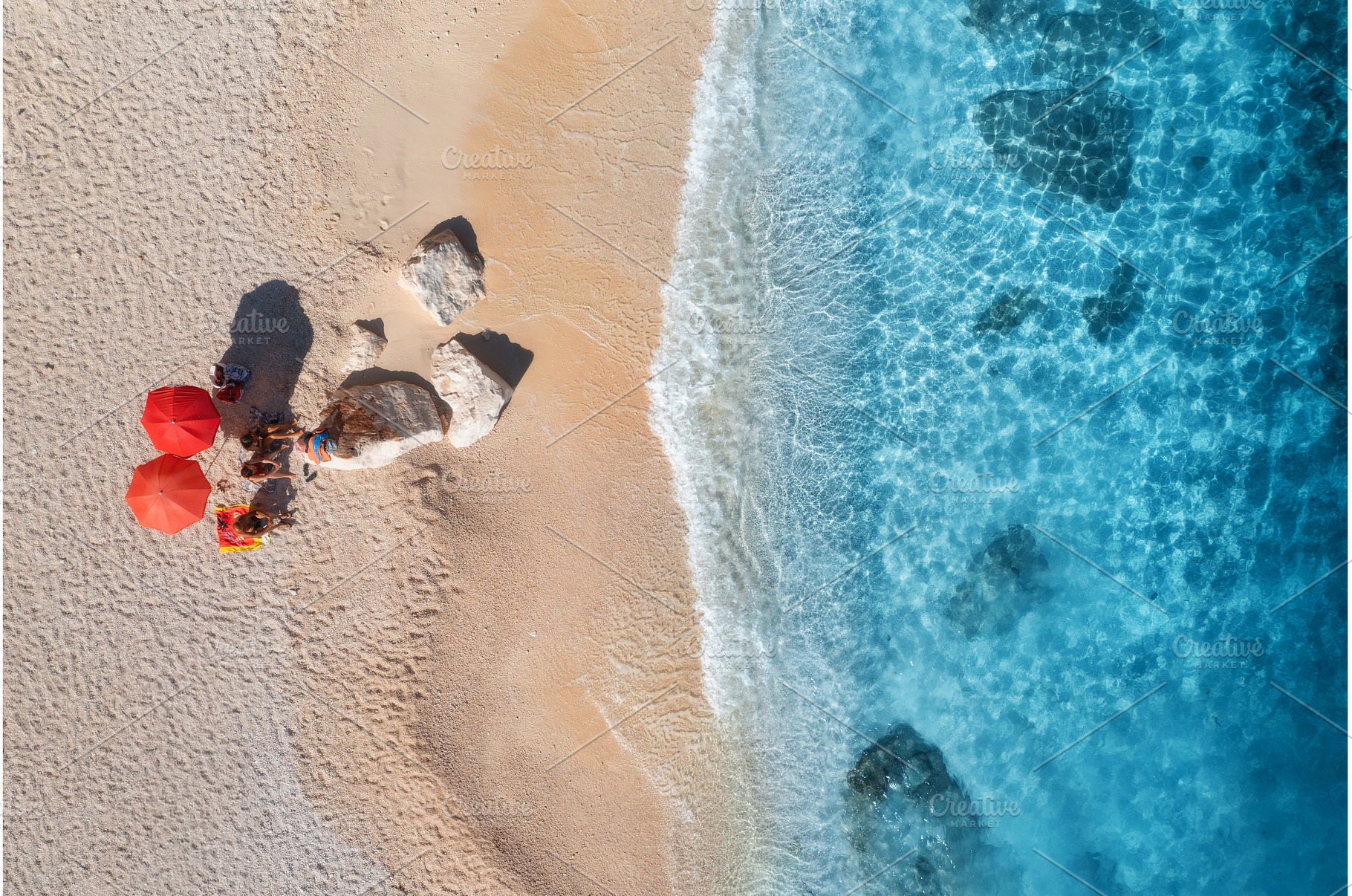 Aerial view of red umbrellas, sandy, a Nature Photo by den-belitsky