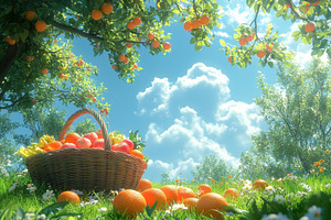 Oranges in a sunlit orchard with a b, a Photo by Tanuart