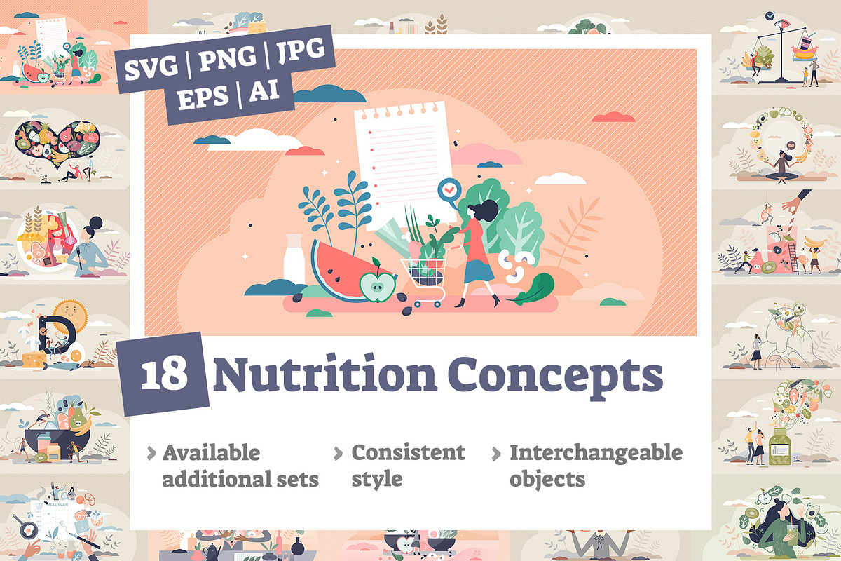 18 Nutrition Concepts V1, a Food Illustration by VectorMine (Photo 1 of 8)