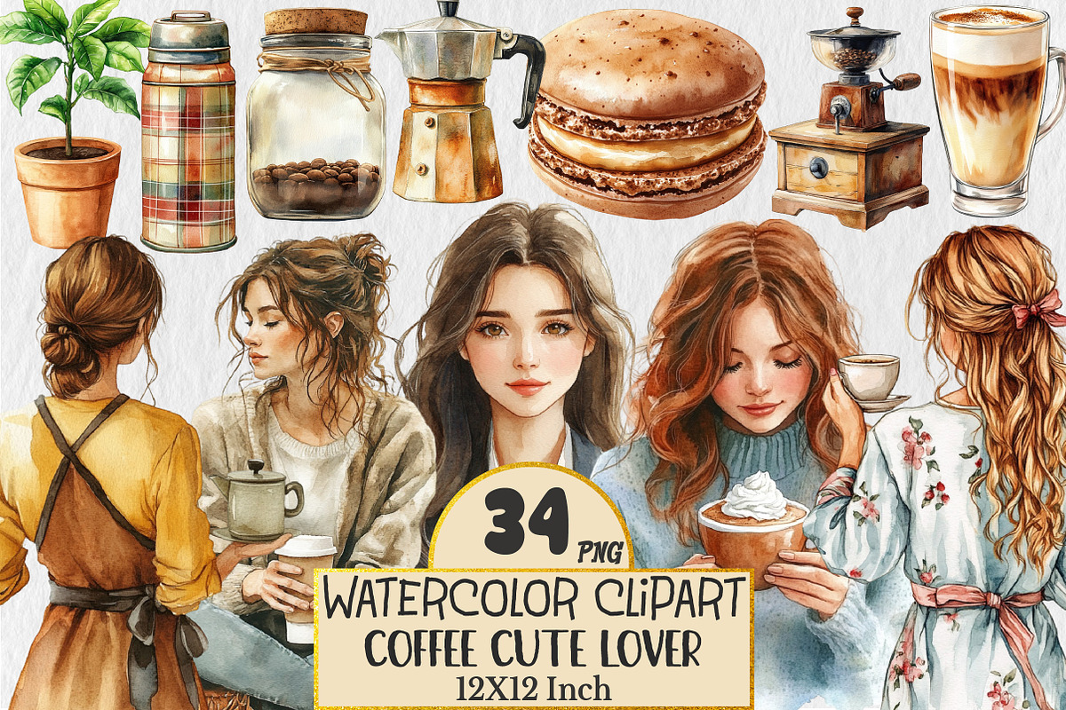 Coffee Lover Watercolor Clipart, a Seasonal Illustration by Rose Art (Photo 1 of 4)