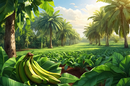 Banana plantation with bananas and palm trees. Generative Ai, a Nature Photo by Ales Munt