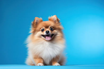 Pomeranian spitz on blue background, an Animal Photo by AlyaAnd
