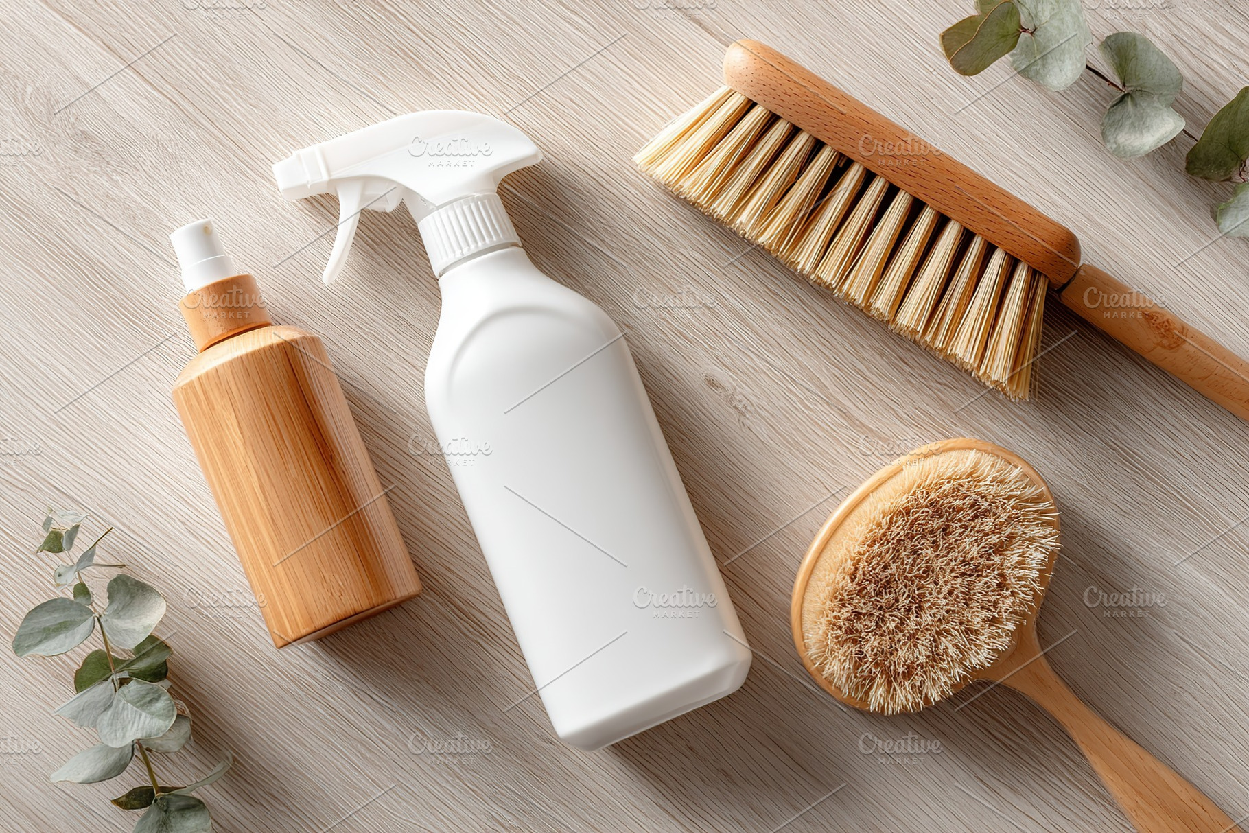 Eco-friendly cleaning products on wooden surface, a Health & Medical Photo by AlyaAnd