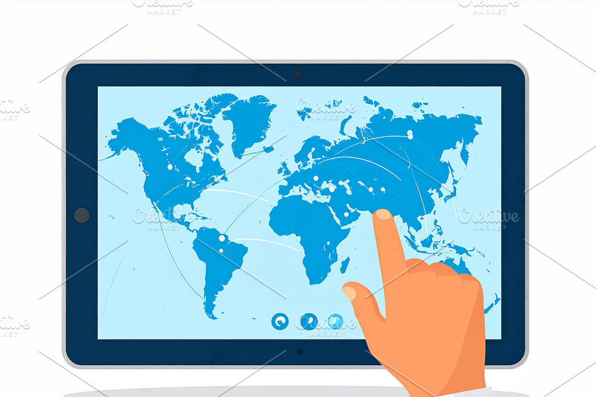 Flat illustration of  a hand gestures toward a map on a tablet, a Technology Illustration by DanFLCreativo