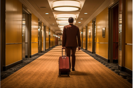 Sturdy Man suitcase luggage in hotel, a Person Photo by Ylivdesign
