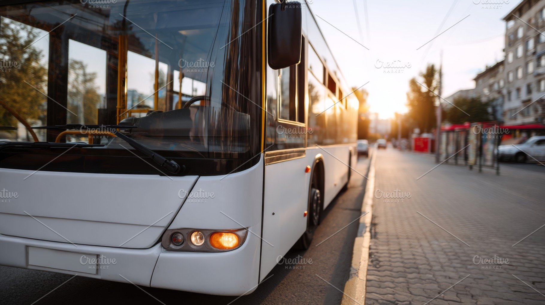 A public bus parked on a city street during sunset, highlighting its sleek desi, a Business Photo by ImageMir