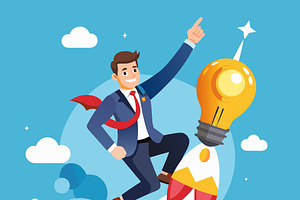 Businessman riding light bulb rocket, a Person Illustration by SouravDesign