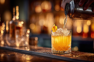 Bartender pouring cocktail into rock, a Photo by Pixeness Studio