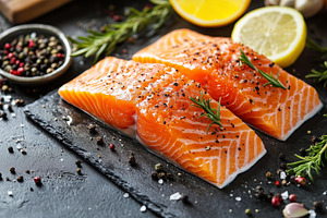 Two pieces of salmon with rosemary, a Food & Drink Photo by MistyDay