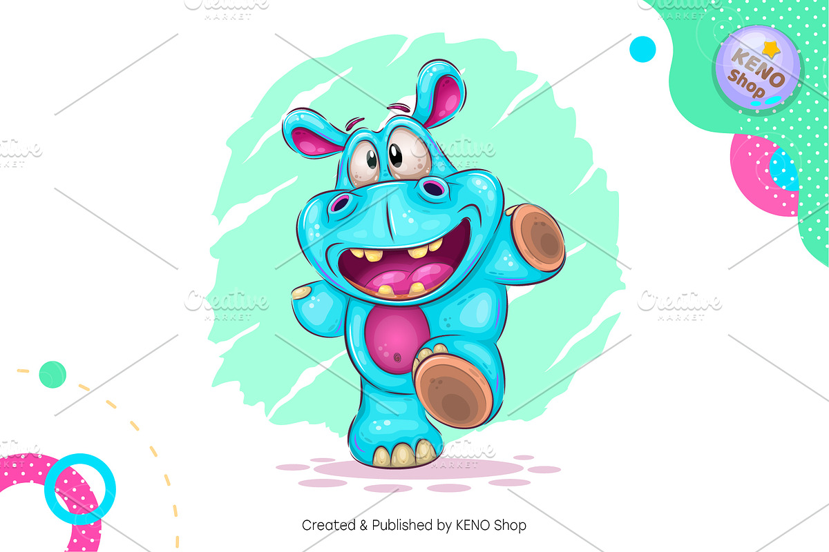 Cheerful cartoon hippo. Tshirt, PNG., an Animal Illustration by KENO Mascots (Photo 2 of 4)