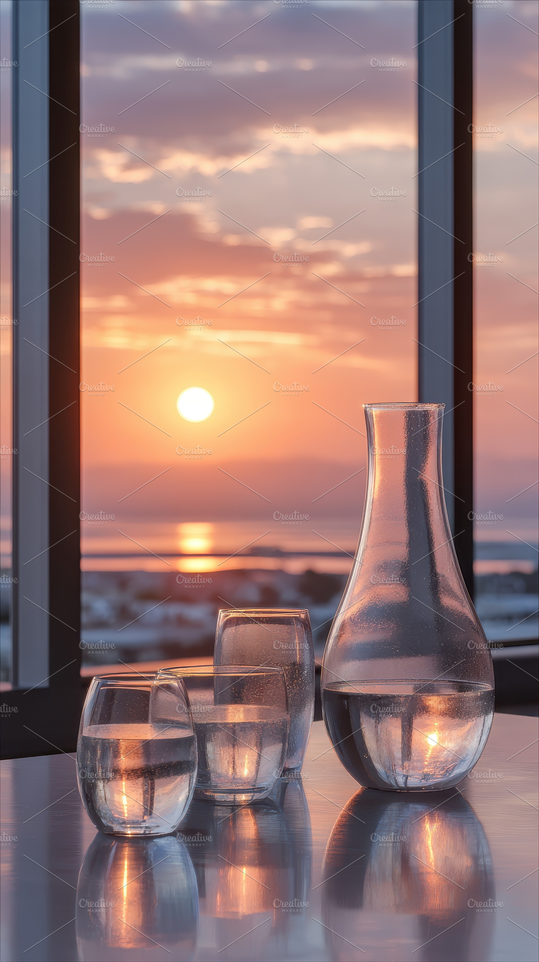 Sunset view reflected in water glass, a Photo by Pixeness Studio