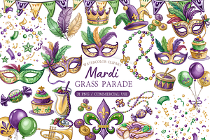 Watercolor Mardi Gras Clipart Bundle, an Illustration by MockupWizard