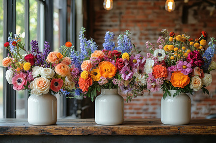 Colorful flower arrangements display, a Photo by Tanuart